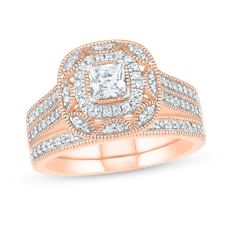 0.69 CT. T.W. Princess-Cut Diamond Double Cushion Frame Vintage-Style Bridal Set in 10K Rose Gold