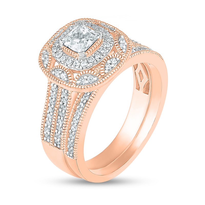 Main Image 2 of 0.69 CT. T.W. Princess-Cut Diamond Double Cushion Frame Vintage-Style Bridal Set in 10K Rose Gold