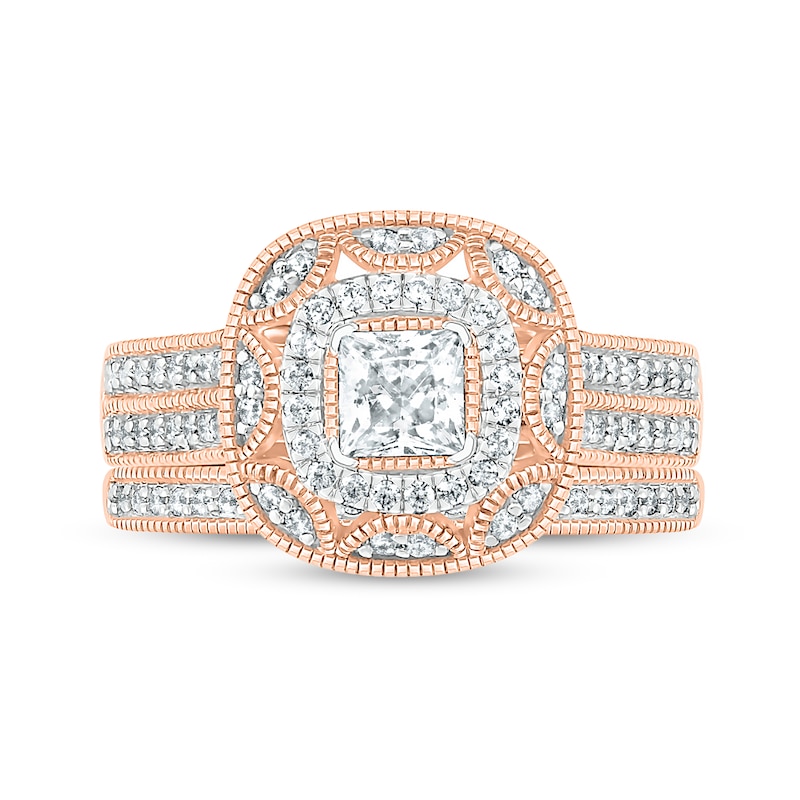 Main Image 3 of 0.69 CT. T.W. Princess-Cut Diamond Double Cushion Frame Vintage-Style Bridal Set in 10K Rose Gold