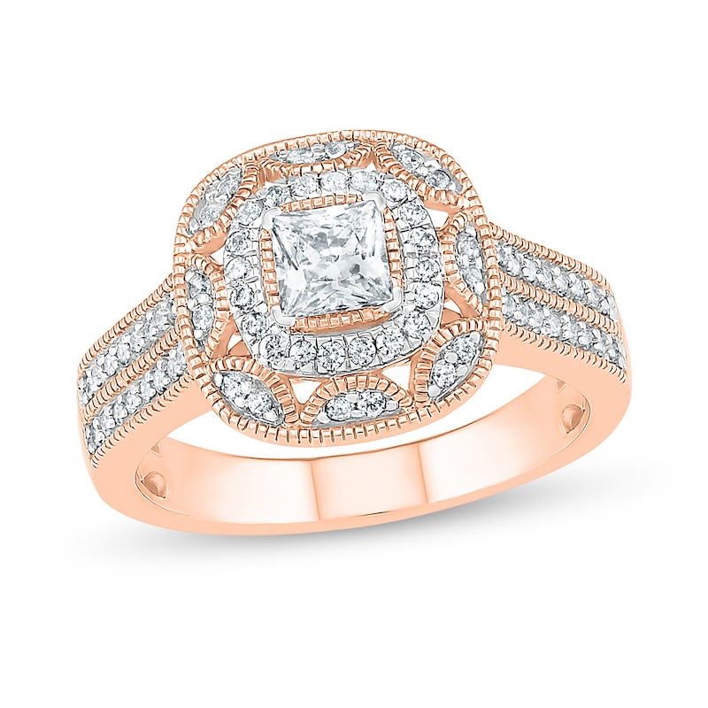 Main Image 4 of 0.69 CT. T.W. Princess-Cut Diamond Double Cushion Frame Vintage-Style Bridal Set in 10K Rose Gold