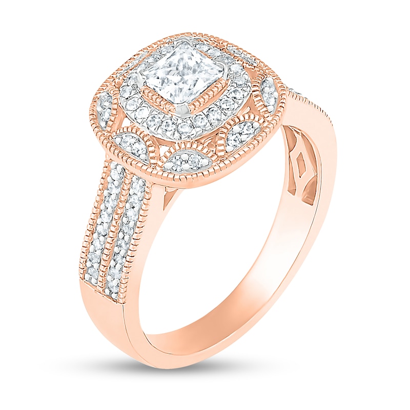 Main Image 6 of 0.69 CT. T.W. Princess-Cut Diamond Double Cushion Frame Vintage-Style Bridal Set in 10K Rose Gold