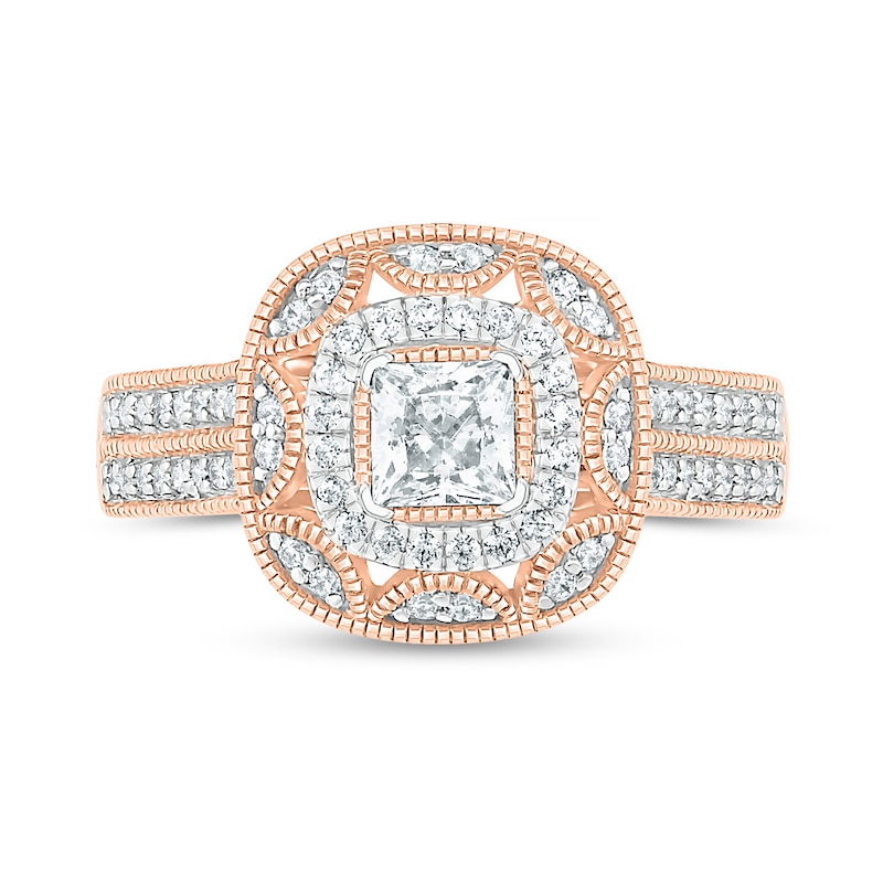 Main Image 8 of 0.69 CT. T.W. Princess-Cut Diamond Double Cushion Frame Vintage-Style Bridal Set in 10K Rose Gold