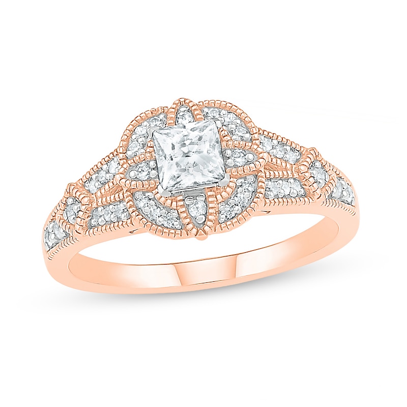 0.45 CT. T.W. Princess-Cut Diamond Cushion Frame Vintage-Style Engagement Ring in 10K Rose Gold