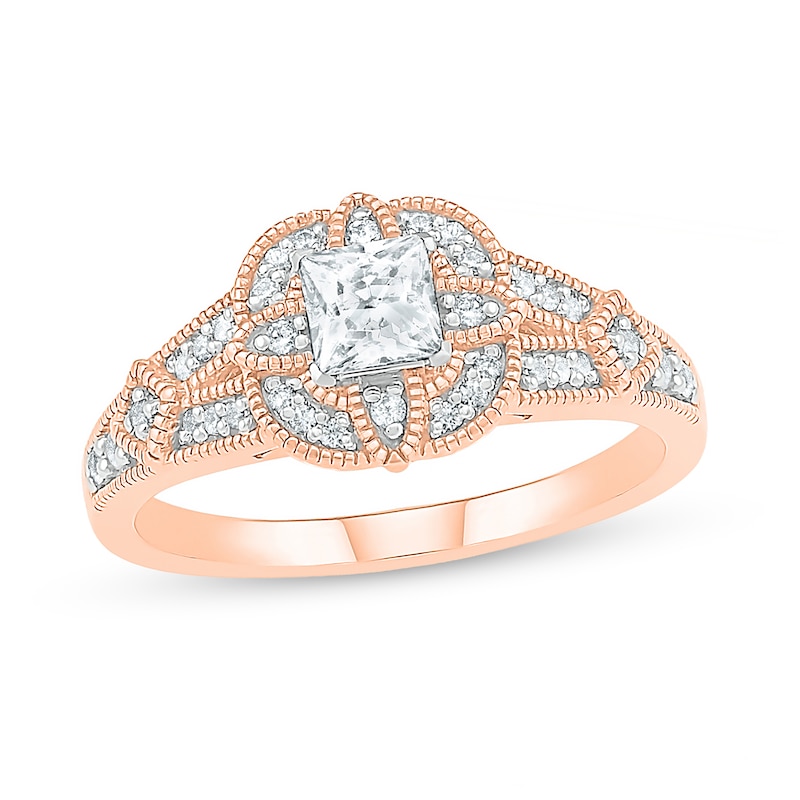 0.45 CT. T.W. Princess-Cut Diamond Cushion Frame Vintage-Style Engagement Ring in 10K Rose Gold|Peoples Jewellers