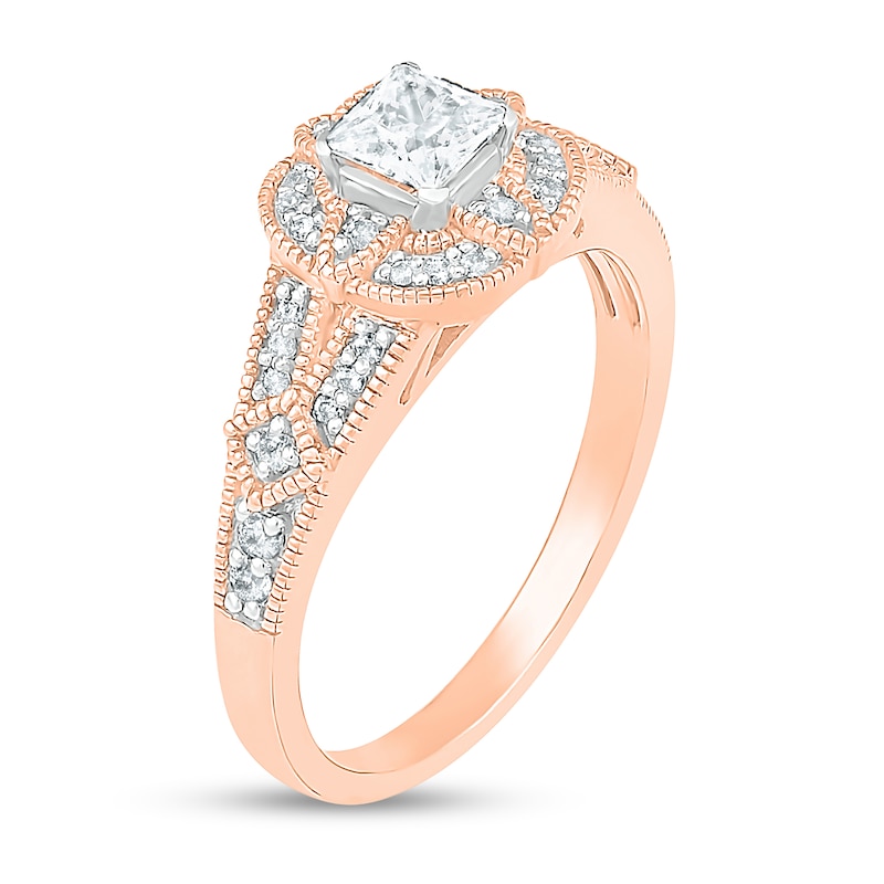 0.45 CT. T.W. Princess-Cut Diamond Cushion Frame Vintage-Style Engagement Ring in 10K Rose Gold
