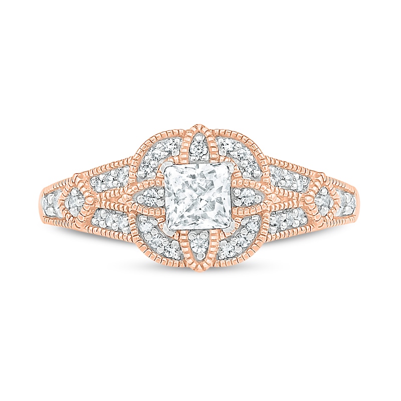 0.45 CT. T.W. Princess-Cut Diamond Cushion Frame Vintage-Style Engagement Ring in 10K Rose Gold