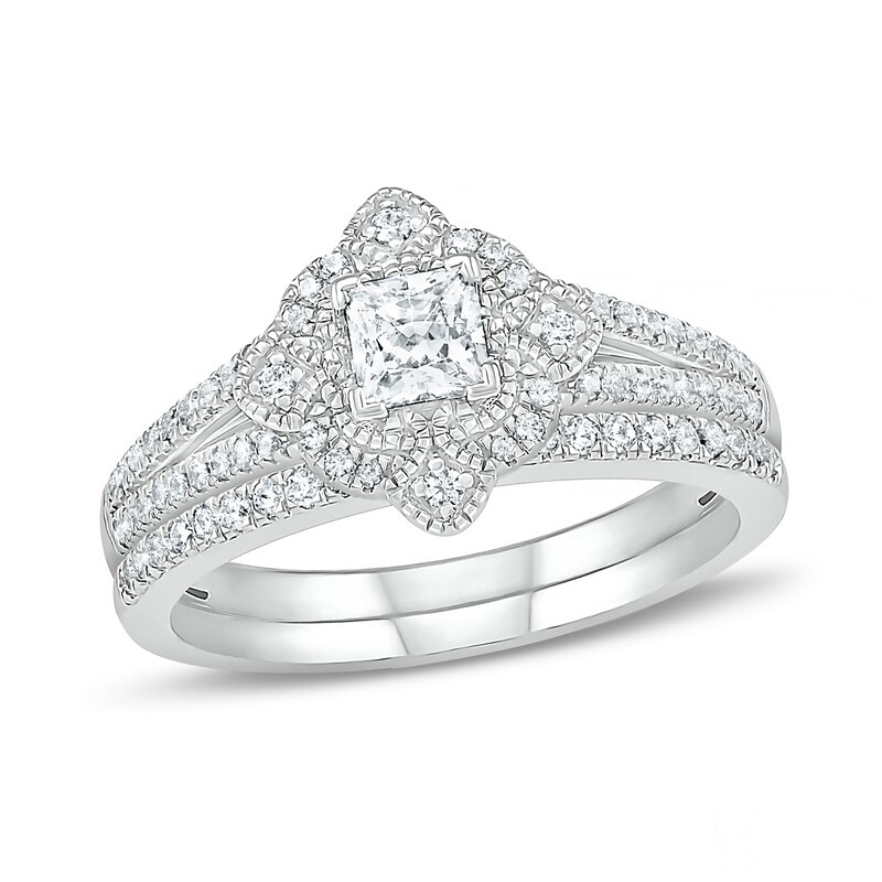 0.69 CT. T.W. Princess-Cut Diamond Tilted Frame Vintage-Style Bridal Set in 10K White Gold