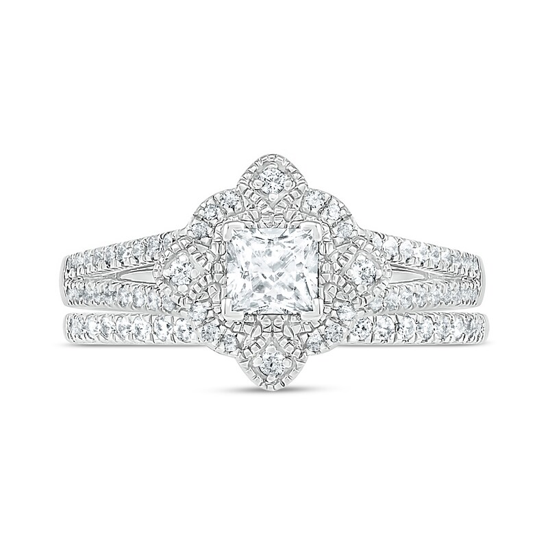 0.69 CT. T.W. Princess-Cut Diamond Tilted Frame Vintage-Style Bridal Set in 10K White Gold