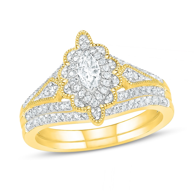 Main Image 1 of 0.69 CT. T.W. Marquise Diamond Scallop Edge Frame Vintage-Style Bridal Set in 10K Gold