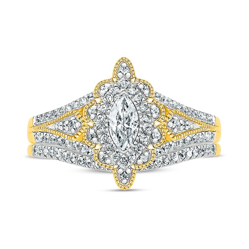 Main Image 2 of 0.69 CT. T.W. Marquise Diamond Scallop Edge Frame Vintage-Style Bridal Set in 10K Gold