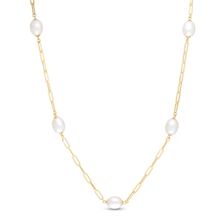 7.0-8.0mm Oval Freshwater Cultured Pearl Station Paper Clip Link Necklace in 14K Gold
