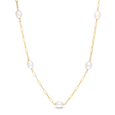 7.0-8.0mm Oval Freshwater Cultured Pearl Station Paper Clip Link Necklace in 14K Gold