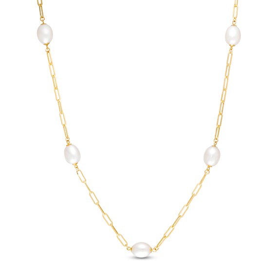 7.0-8.0mm Oval Freshwater Cultured Pearl Station Paper Clip Link Necklace in 14K Gold