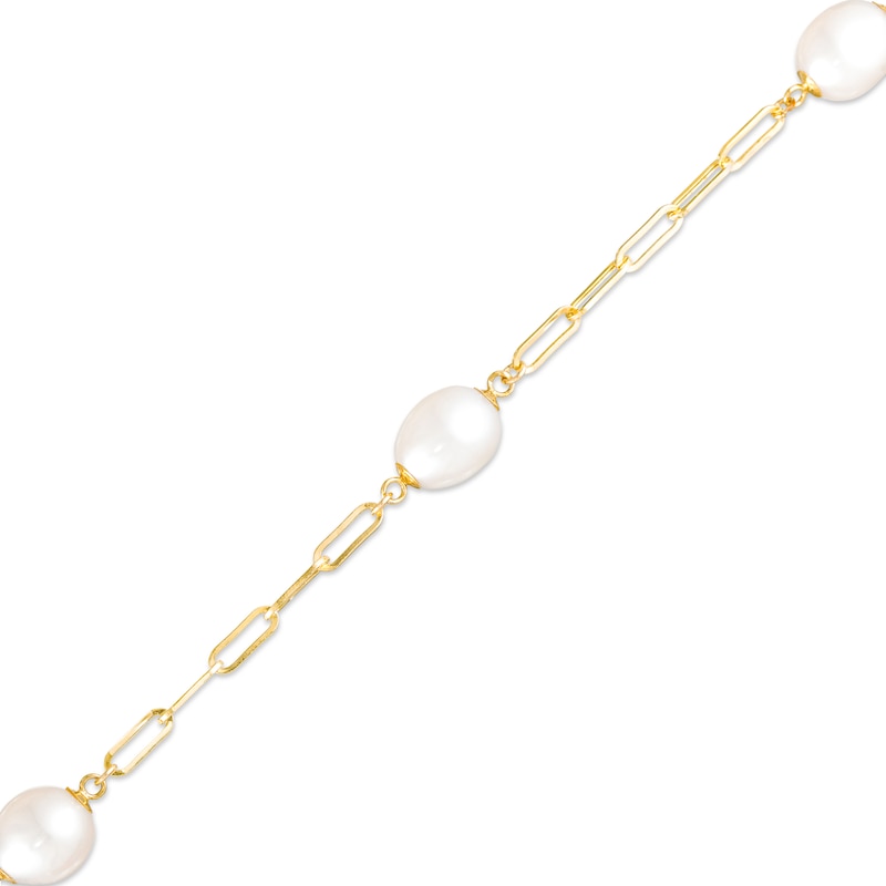 7.0-8.0mm Oval Cultured Freshwater Pearl Station Paper Clip Link Bracelet in 14K Gold - 7.25"|Peoples Jewellers