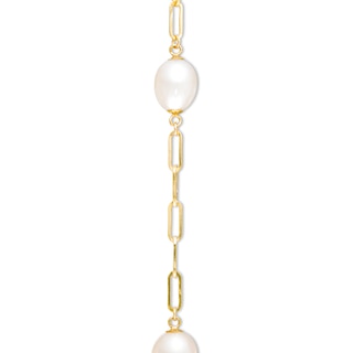 7.0-8.0mm Oval Freshwater Cultured Pearl Station Paper Clip Link Bracelet in 14K Gold-7.25"