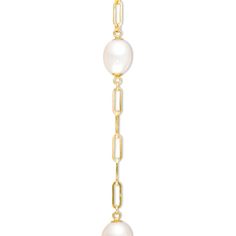 Main Image 4 of 7.0-8.0mm Oval Freshwater Cultured Pearl Station Paper Clip Link Bracelet in 14K Gold-7.25"