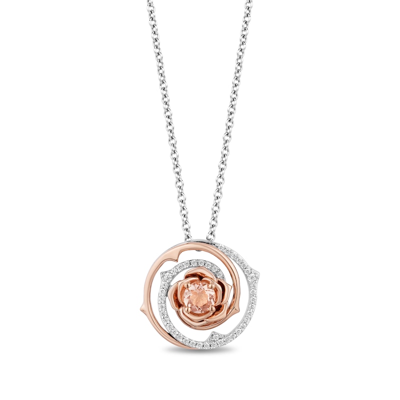 Enchanted Disney Aurora 4.5mm Morganite and 0.145 CT. T.W. Diamond Flower Pendant in Sterling Silver and 10K Rose Gold