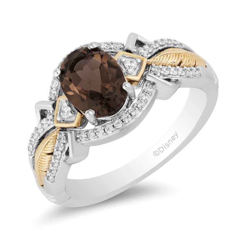 Enchanted Disney Pocahontas Oval Smoky Quartz and 0.145 CT. T.W. Diamond Feather Ring in Sterling Silver and 10K Gold