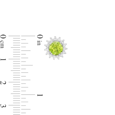 6.0mm Peridot and White Lab-Created Sapphire Frame Sunburst Pendant and Stud Earrings Set in Sterling Silver