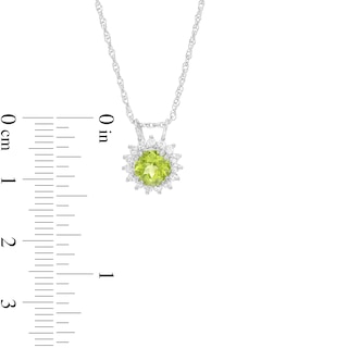 6.0mm Peridot and White Lab-Created Sapphire Frame Sunburst Pendant and Stud Earrings Set in Sterling Silver