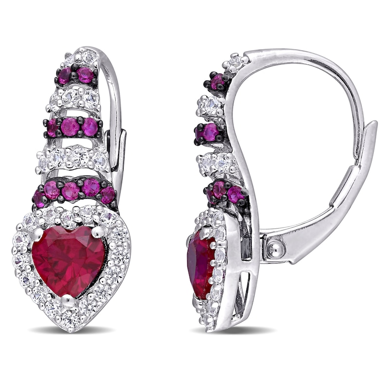 Main Image 1 of 5.0mm Heart-Shaped Lab-Created Ruby and White Sapphire Ripple Drop Earrings in Sterling Silver