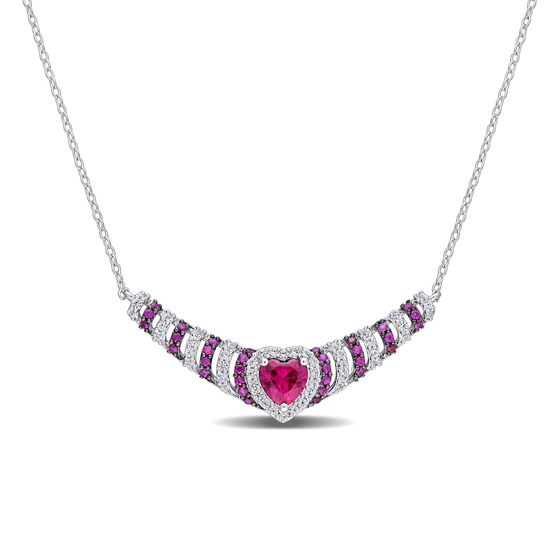 6.0mm Heart-Shaped Lab-Created Ruby and White Sapphire Ripple Necklace in Sterling Silver - 17"|Peoples Jewellers