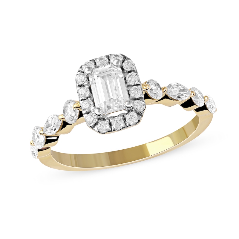 1.00 CT. T.W. Emerald-Cut Diamond Frame Multi-Shape Alternating Shank Engagement Ring in 10K Gold