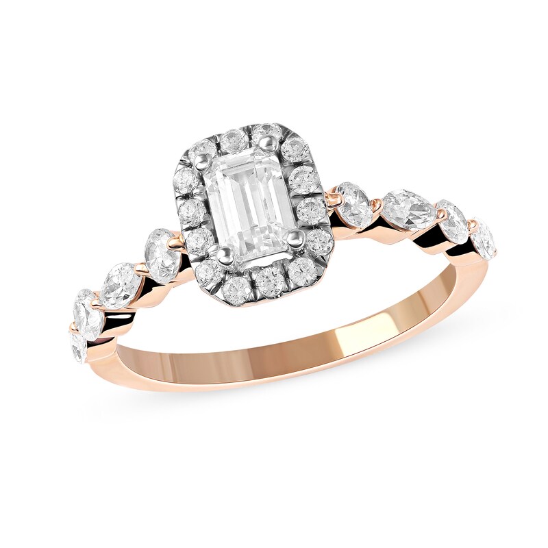 Main Image 1 of 1.00 CT. T.W. Emerald-Cut Diamond Frame Multi-Shape Alternating Shank Engagement Ring in 10K Rose Gold