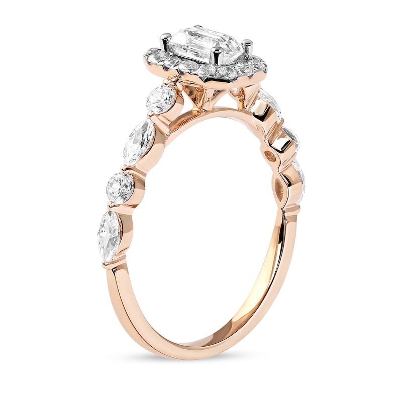 Main Image 2 of 1.00 CT. T.W. Emerald-Cut Diamond Frame Multi-Shape Alternating Shank Engagement Ring in 10K Rose Gold