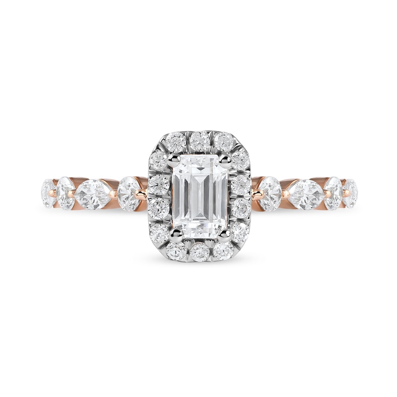 Main Image 3 of 1.00 CT. T.W. Emerald-Cut Diamond Frame Multi-Shape Alternating Shank Engagement Ring in 10K Rose Gold