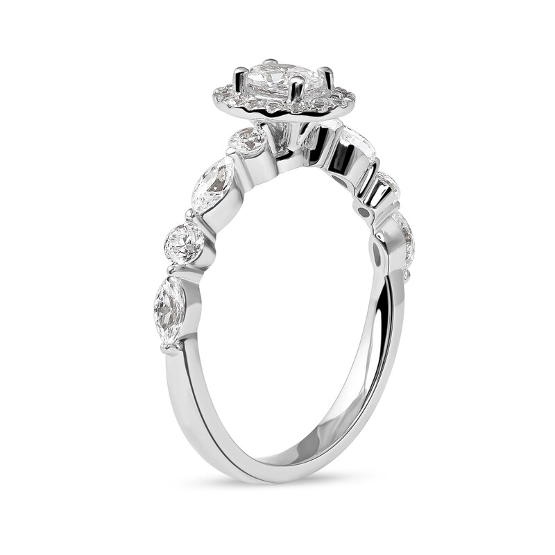 0.90 CT. T.W. Oval Diamond Frame Multi-Shape Alternating Shank Engagement Ring in 10K White Gold