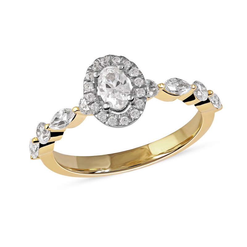 0.90 CT. T.W. Oval Diamond Frame Multi-Shape Alternating Shank Engagement Ring in 10K Gold