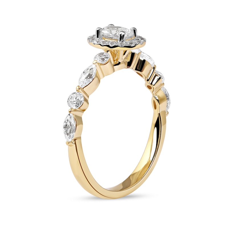 0.90 CT. T.W. Oval Diamond Frame Multi-Shape Alternating Shank Engagement Ring in 10K Gold