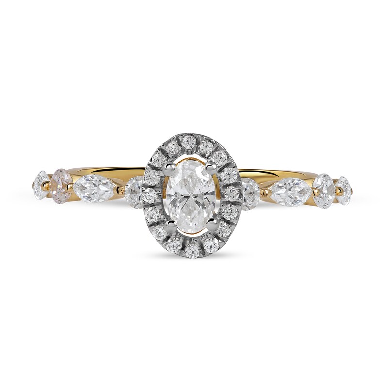 0.90 CT. T.W. Oval Diamond Frame Multi-Shape Alternating Shank Engagement Ring in 10K Gold