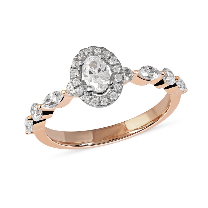 0.90 CT. T.W. Oval Diamond Frame Multi-Shape Alternating Shank Engagement Ring in 10K Rose Gold