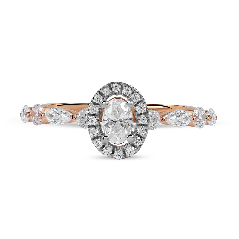 0.90 CT. T.W. Oval Diamond Frame Multi-Shape Alternating Shank Engagement Ring in 10K Rose Gold