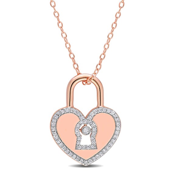 0.18 CT. T.W. Diamond Heart-Shaped Lock Pendant in Sterling Silver with Rose Rhodium Plate