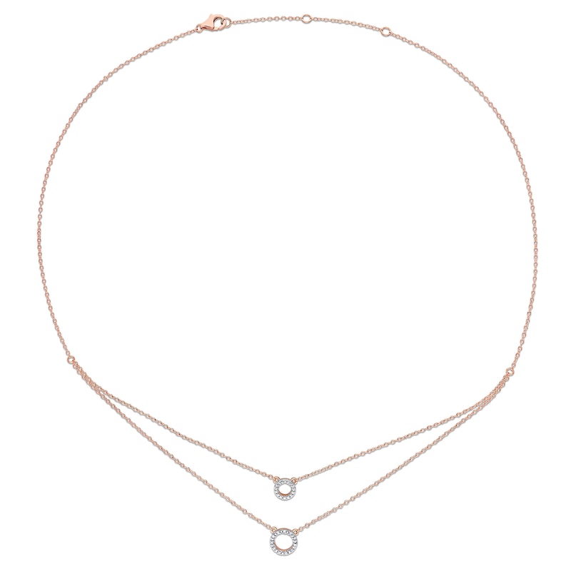 0.04 CT. T.W. Diamond Double Strand Layered Circle Necklace in Sterling Silver with Rose Rhodium Plate - 19"