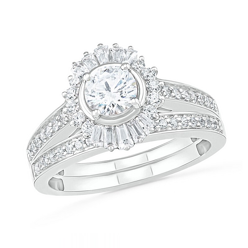 Main Image 1 of 0.95 CT. T.W. Baguette and Round Diamond Sunburst Frame Bridal Set in 10K White Gold