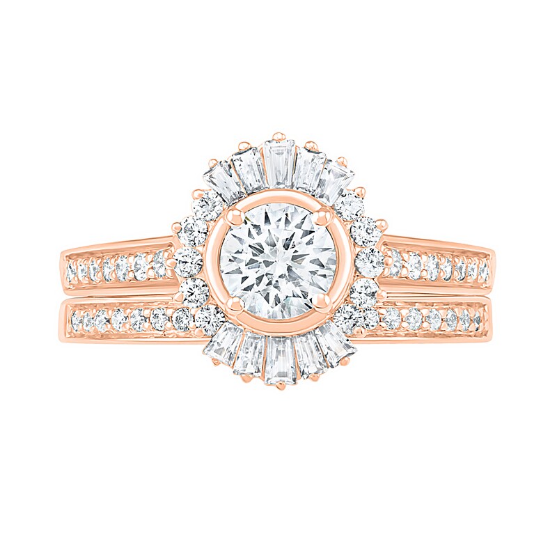Main Image 2 of 0.95 CT. T.W. Baguette and Round Diamond Sunburst Frame Bridal Set in 10K Rose Gold