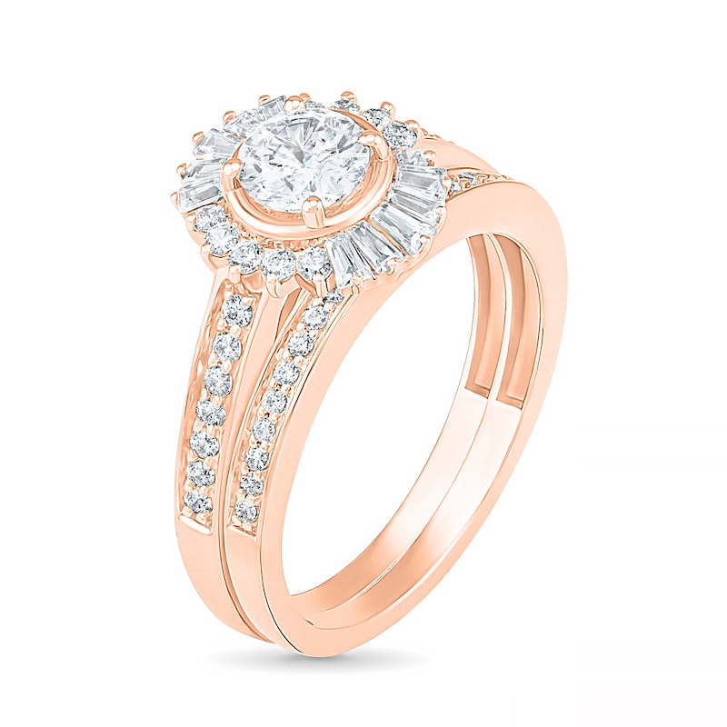 Main Image 3 of 0.95 CT. T.W. Baguette and Round Diamond Sunburst Frame Bridal Set in 10K Rose Gold