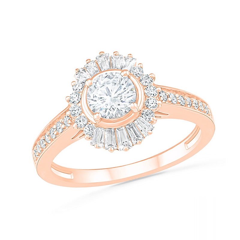 Main Image 4 of 0.95 CT. T.W. Baguette and Round Diamond Sunburst Frame Bridal Set in 10K Rose Gold