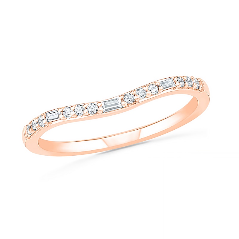 0.18 CT. T.W. Baguette and Round Diamond Contour Anniversary Band in 10K Rose Gold