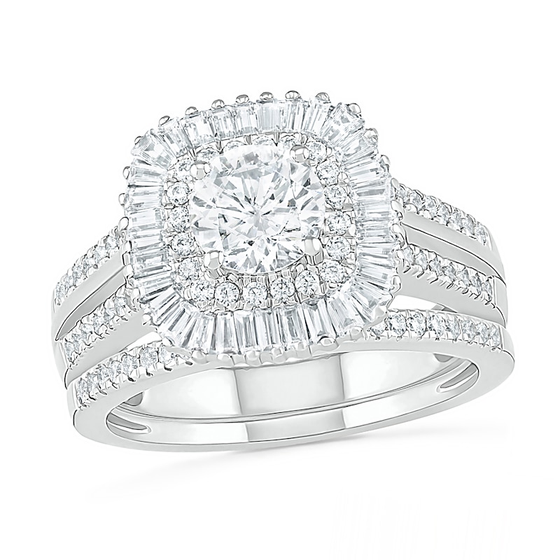 1.45 CT. T.W. Baguette and Round Diamond Cushion-Shaped Sunburst Frame Bridal Set in 10K White Gold