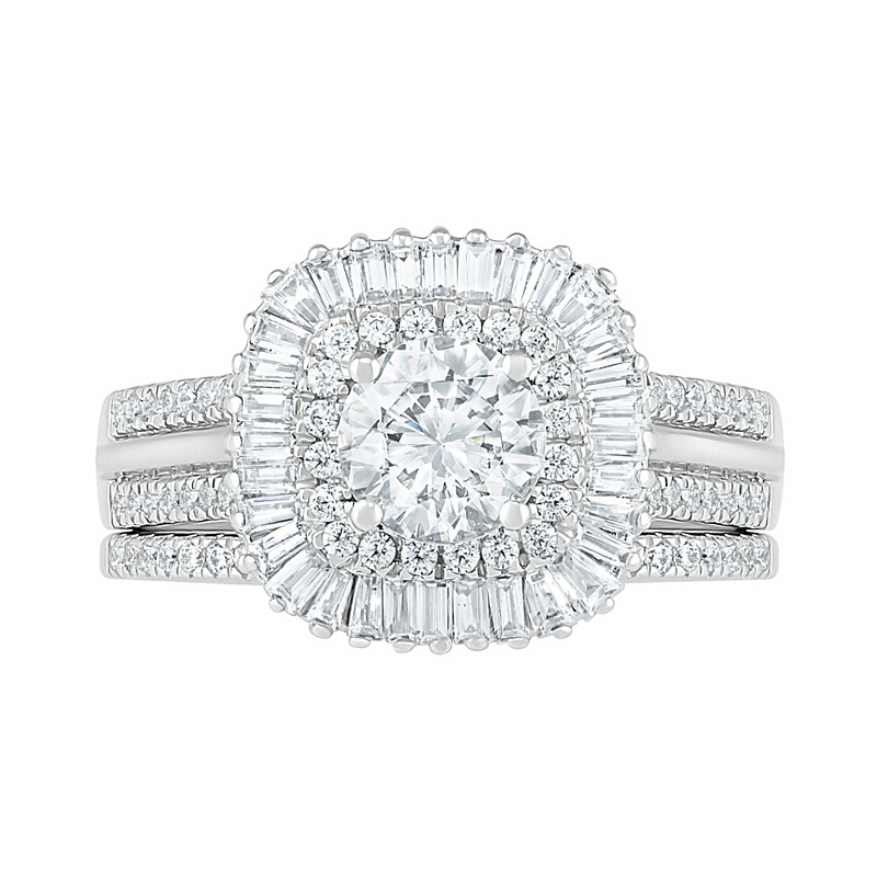 1.45 CT. T.W. Baguette and Round Diamond Cushion-Shaped Sunburst Frame Bridal Set in 10K White Gold