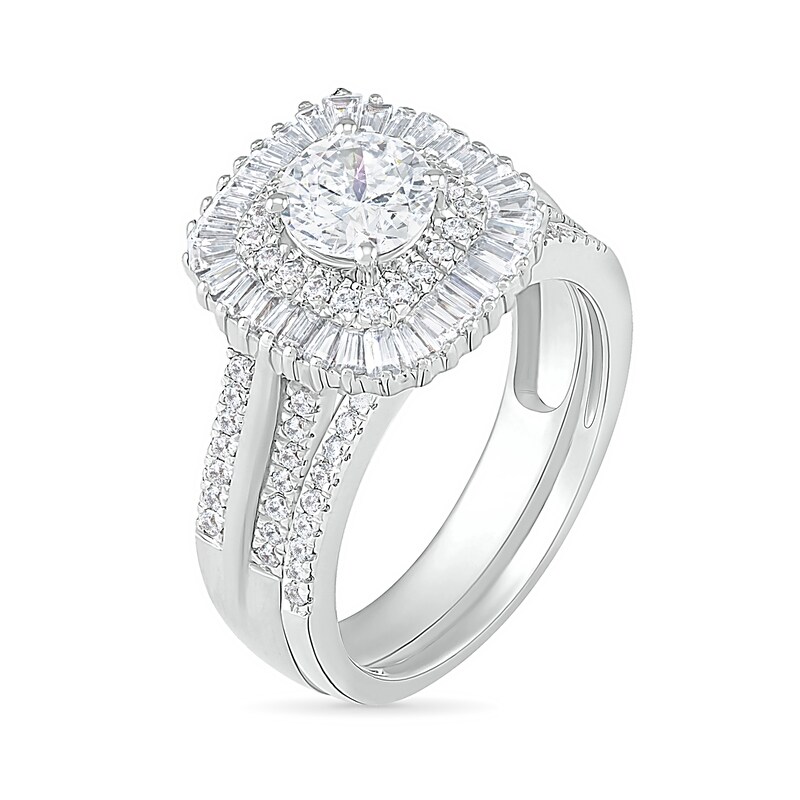 1.45 CT. T.W. Baguette and Round Diamond Cushion-Shaped Sunburst Frame Bridal Set in 10K White Gold