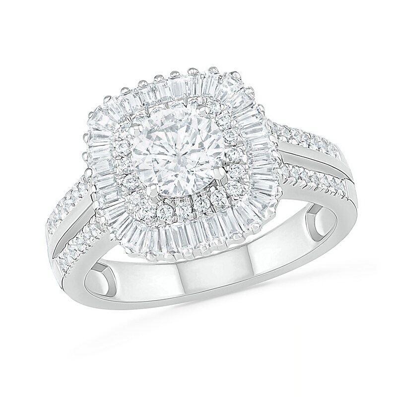 1.45 CT. T.W. Baguette and Round Diamond Cushion-Shaped Sunburst Frame Bridal Set in 10K White Gold