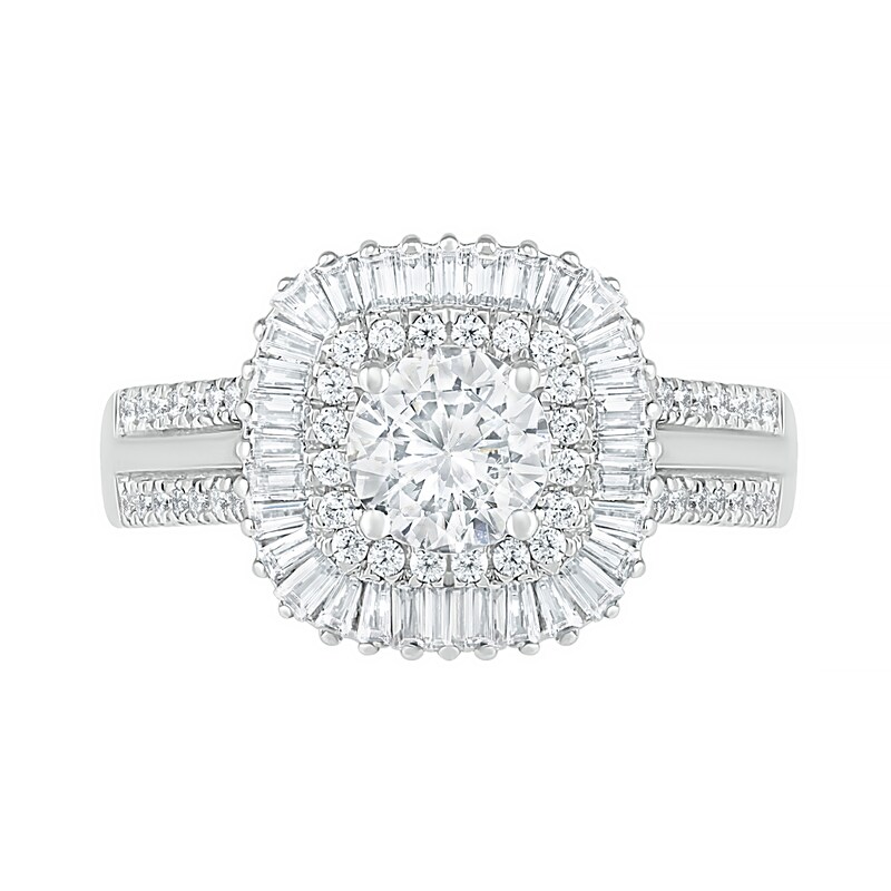 1.45 CT. T.W. Baguette and Round Diamond Cushion-Shaped Sunburst Frame Bridal Set in 10K White Gold