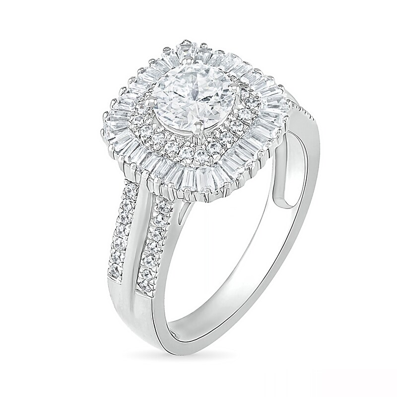 1.45 CT. T.W. Baguette and Round Diamond Cushion-Shaped Sunburst Frame Bridal Set in 10K White Gold