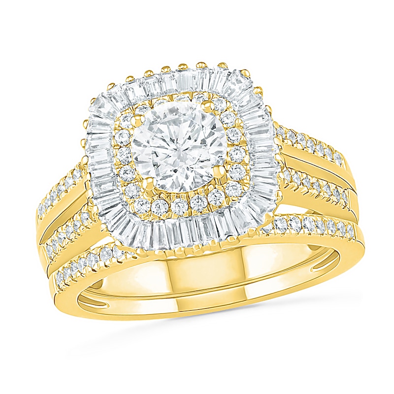 1.45 CT. T.W. Baguette and Round Diamond Cushion-Shaped Sunburst Frame Bridal Set in 10K Gold